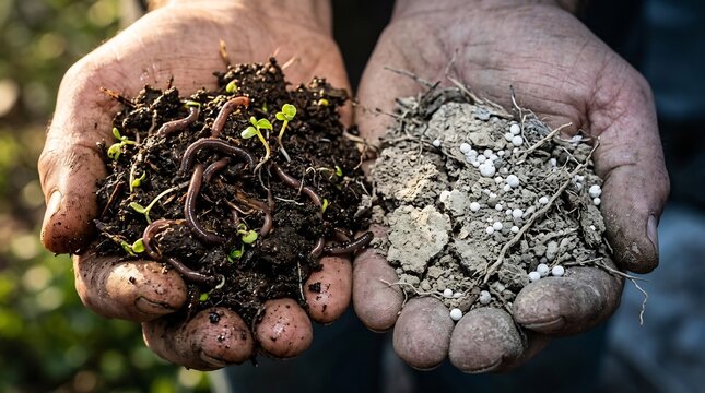 Comparison of healthy living soil with earthworms and sprouts versus dry depleted earth with synthetic fertilizer pellets, sustainable agriculture and soil health concept.