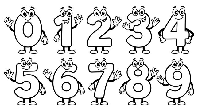 Cartoon number characters zero to nine line art.