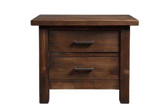 Brown wooden bedside cabinet with metal handles