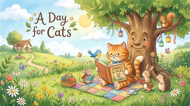 Whimsical ginger cat reading to forest animals in a sunny meadow under a sentient tree; charming storybook illustration for International Cat Day celebrations.