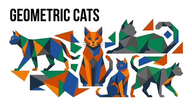 Geometric cat illustrations in vibrant low poly style. Feline silhouettes using triangles and polygons for modern design and International Cat Day projects.