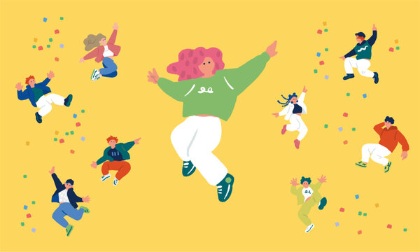 浮遊感のあるジャンプやダンスポーズをする人々の手書きバナーイラスト