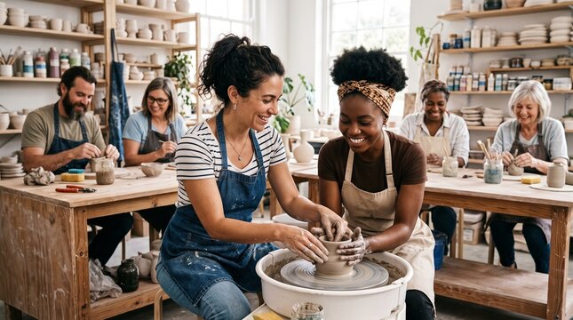 Group of people enjoying pottery workshop in bright studio