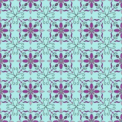 Fototapeta premium Mint blue magenta floral seamless pattern, ethnic ornament vintage background, tribal vector illustration for textile fabric design.