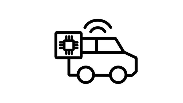 Autonomous Smart Vehicle Animated Icon. Animated line icon of autonomous smart car with microchip and antenna representing modern connected vehicle technology innovation.