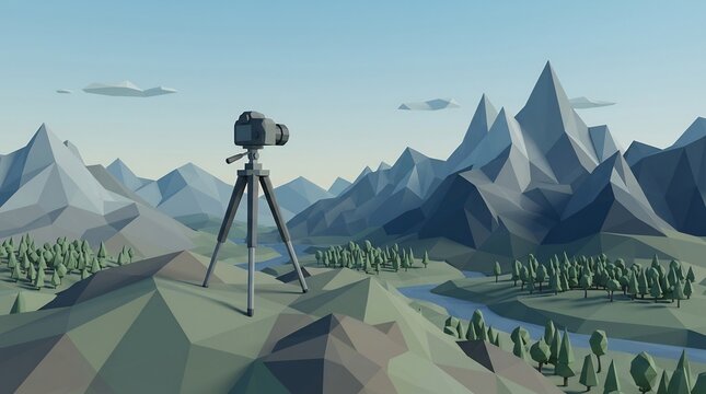 Low poly 3D render of a camera on a tripod overlooking scenic mountains and a river landscape for World Photography Day.