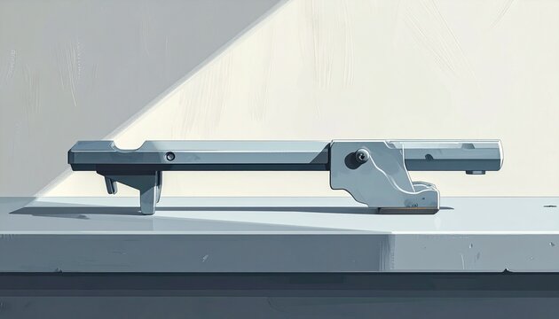 Modern industrial linear actuator on white surface.
