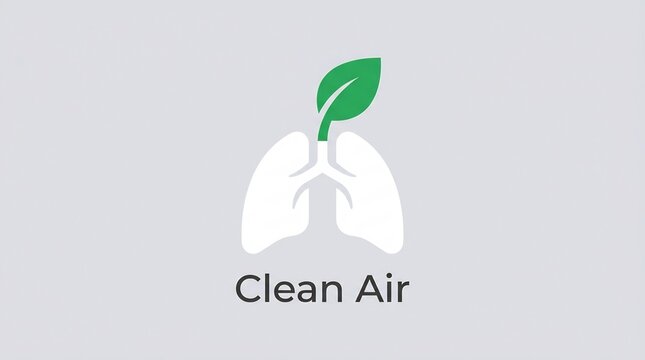 Minimalist clean air logo featuring human lungs with a green leaf sprout, symbolizing healthy respiration, environmental protection, and pure oxygen.