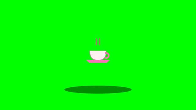 Animated Coffee Cup Floating Above a Shadow on a Green Screen Background.