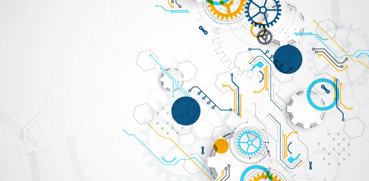 Abstract technology background with colorful gears, circuit board elements, geometric circles, and futuristic mechanism concept. Vector.