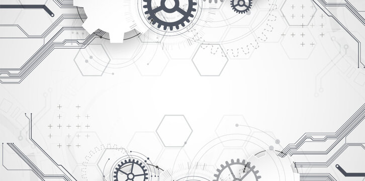 Technology background with grey gears, circuit board lines, geometric circles. Vector