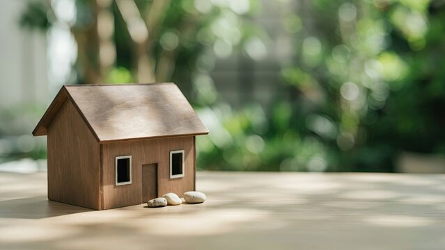 A small wooden model house sitting on a table with a blurred green garden background in sunlight