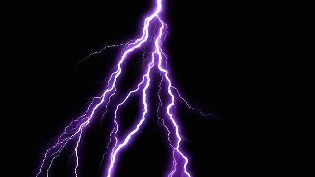 A bright purple lightning bolt strikes against a dark night sky background.