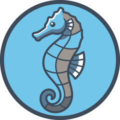 Naklejka premium Stylized seahorse icon inside a blue circular background.