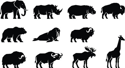 Obraz premium Silhouette collection of large wild animals including elephant, rhinoceros, hippopotamus, bison, bear, walrus, moose, and giraffe