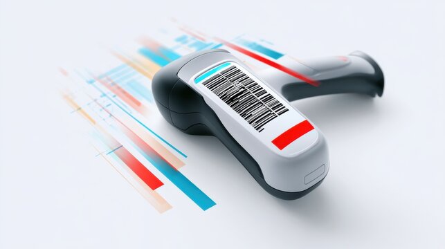 Barcode scanner in action with motion blur and data graphics. The device is gray and white, with a red and blue stripe on the side.