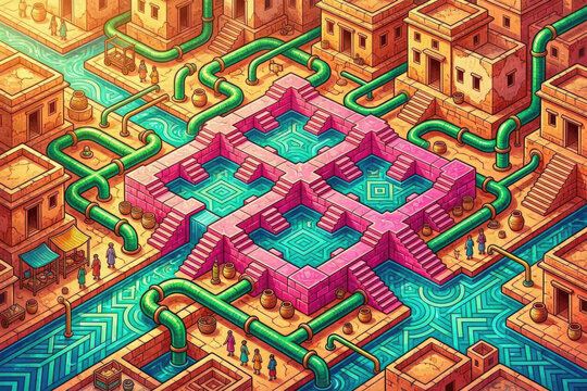 Dholavira Ancient Water Management Maximalist Chaos Design Vector Illustration