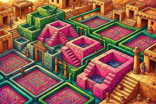 Dholavira Ancient Water Management Maximalist Chaos Design Vector Illustration