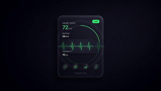 Minimalist dark neomorphic UI design for a health monitoring app with a live heart rate display showcasing an electrocardiogram and key biometric data.