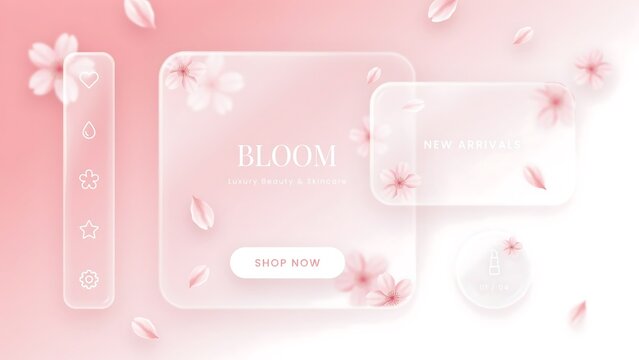 A soft pink-themed neomorphic UI design for a beauty and skincare e-commerce store called BLOOM, featuring product categories and new arrivals.