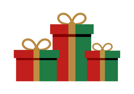 Tres cajas de regalo rojas y verdes con lazos dorados