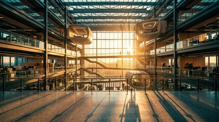 Obraz premium Modern corporate office interior with spacious atrium and glass windows. Business professionals walking on elevated walkways during golden hour sunset.