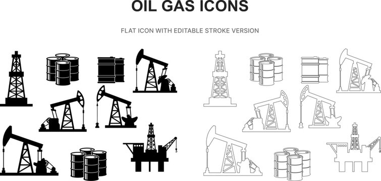 oil gas industry rig fuel petroleum silhouette outline stroke flat black icon set vector illustration graphic isolated white
