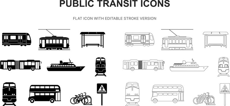 public transit bus transport subway passenger silhouette outline stroke flat black icon set vector illustration graphic isolated white