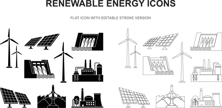 renewable energy solar wind power ecology silhouette outline stroke flat black icon set vector illustration graphic isolated white