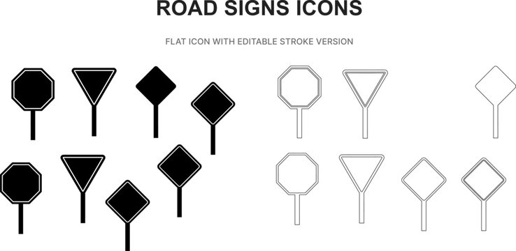 road signs warning traffic direction symbol silhouette outline stroke flat black icon set vector illustration graphic isolated white