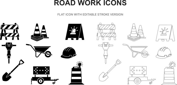 road work construction barrier cone repair silhouette outline stroke flat black icon set vector illustration graphic isolated white