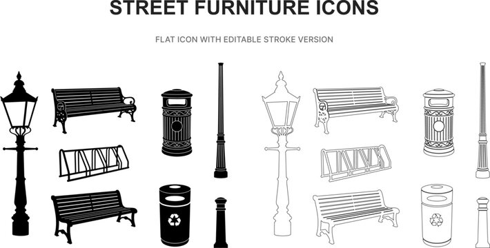 street furniture bench lamp park city silhouette outline stroke flat black icon set vector illustration graphic isolated white