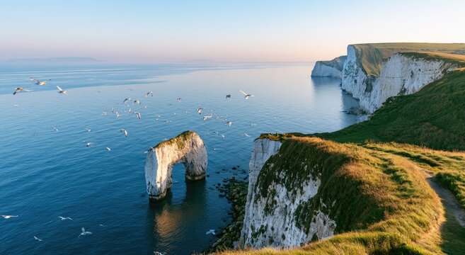 Coastal cliffs bathed in golden sunrise light with an arch rock and circling birds