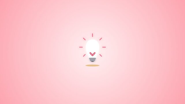 Animated light bulb icon with a heart symbol glowing on a soft pink background.
