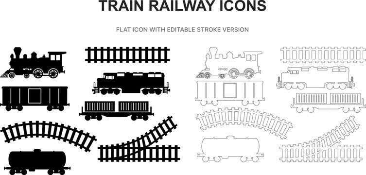 train railway locomotive transport track travel silhouette outline stroke flat black icon set vector illustration graphic isolated white