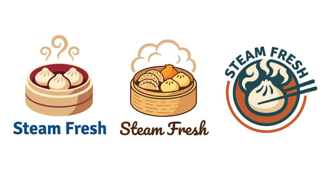 Featuring logo designs of delicious Chinese dumplings and steam baskets representing culinary delights, great for any food establishment or restaurant brand.