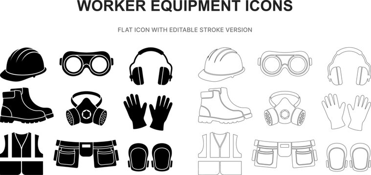 worker equipment safety helmet construction gear silhouette outline stroke flat black icon set vector illustration graphic isolated white