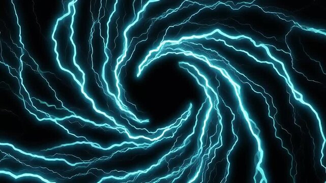 Bright cyan electric lightning bolts swirl in a spiral pattern against a dark background.