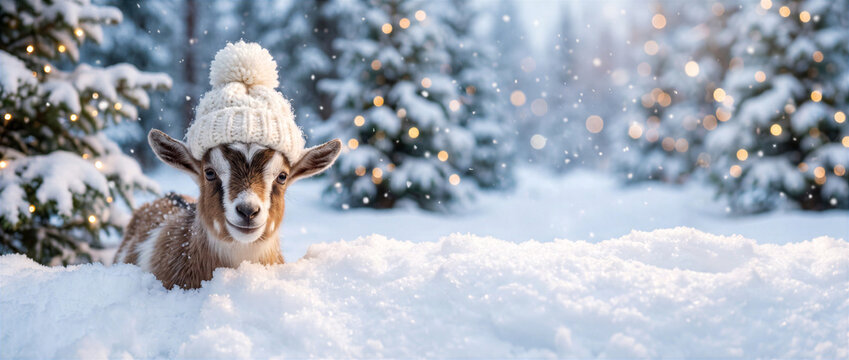 Cute baby goat in white knitted pompom hat surrounded by snow and warm lights. Lunar New Year 2027 winter greeting background