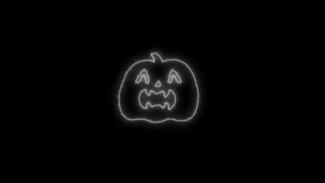 Glowing White Neon Halloween Pumpkin Outline Animation on Black Background 4K