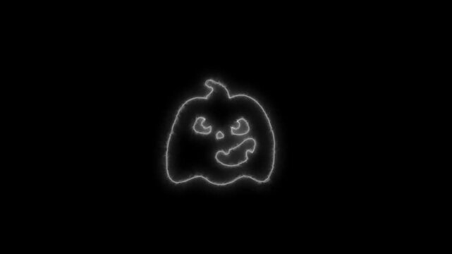 Glowing White Neon Halloween Pumpkin Outline Animation on Black Background 4K