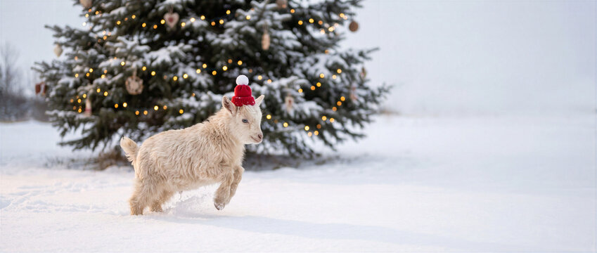 Young goat running through snow in a small red festive hat near a decorated New Year tree. Lunar Year of the Goat 2027 background