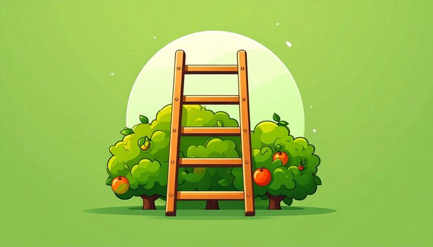 Wooden ladder leaning against lush green apple trees in orchard.