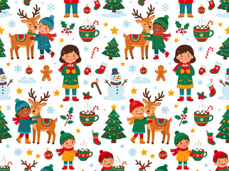 Fototapeta premium Festive Winter Children Hugging Reindeer, Christmas Pattern