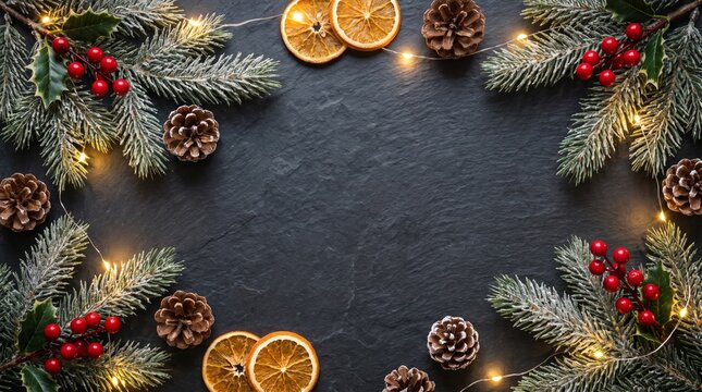 Des branches de sapin, des tranches d'orange s&eacute;ch&eacute;es et des pommes de pin encadrent un fond en ardoise noire. Id&eacute;al pour les banni&egrave;res web, les menus de f&ecirc;te et les cartes de v&oelig;ux.