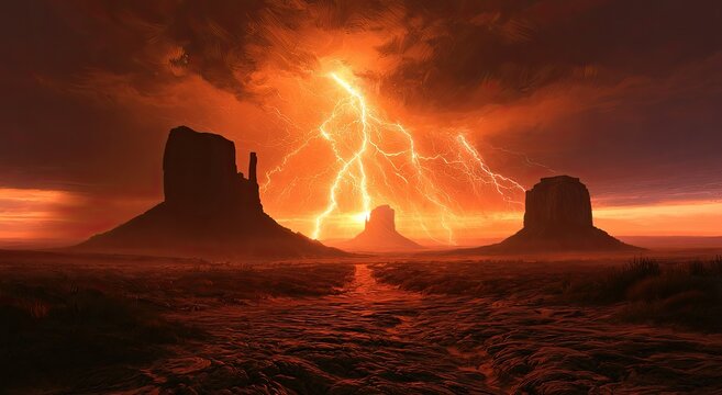 Dramatic desert landscape with a powerful lightning storm at sunset