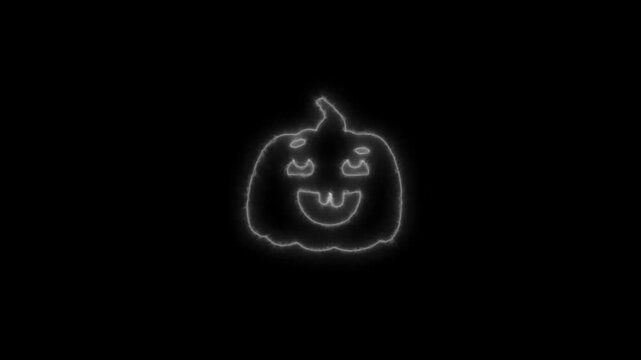 Glowing White Neon Halloween Pumpkin Outline Animation on Black Background 4K