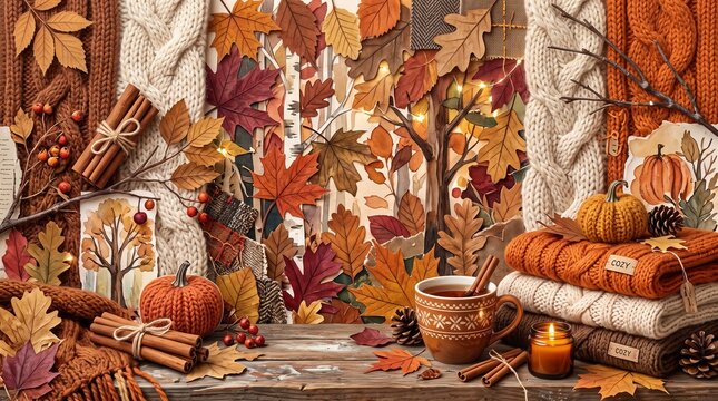 Des pulls tricot&eacute;s, des citrouilles, de la cannelle et une tasse chaude reposent parmi des feuilles d'automne. Parfait pour les blogs lifestyle, le marketing automnal et les magazines.
