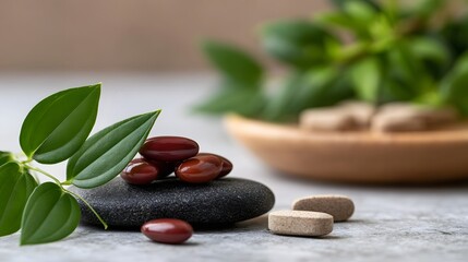 Naklejka premium Natural wellness supplements displayed on smooth stones beside fresh green leaves for a calm and balanced aesthetic