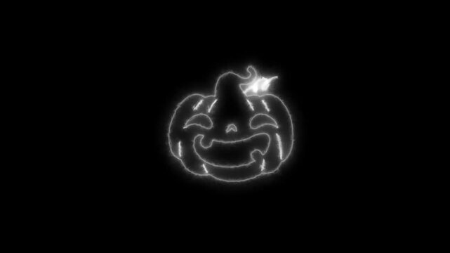 Glowing White Neon Halloween Pumpkin Outline Animation on Black Background 4K